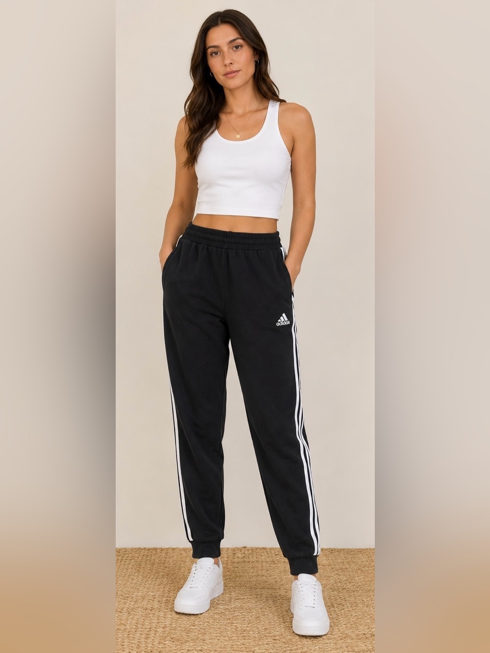 Adidas 3-Stripe Jogger Sweatpants Black White Logo Women's Large - Picture 1 of 7